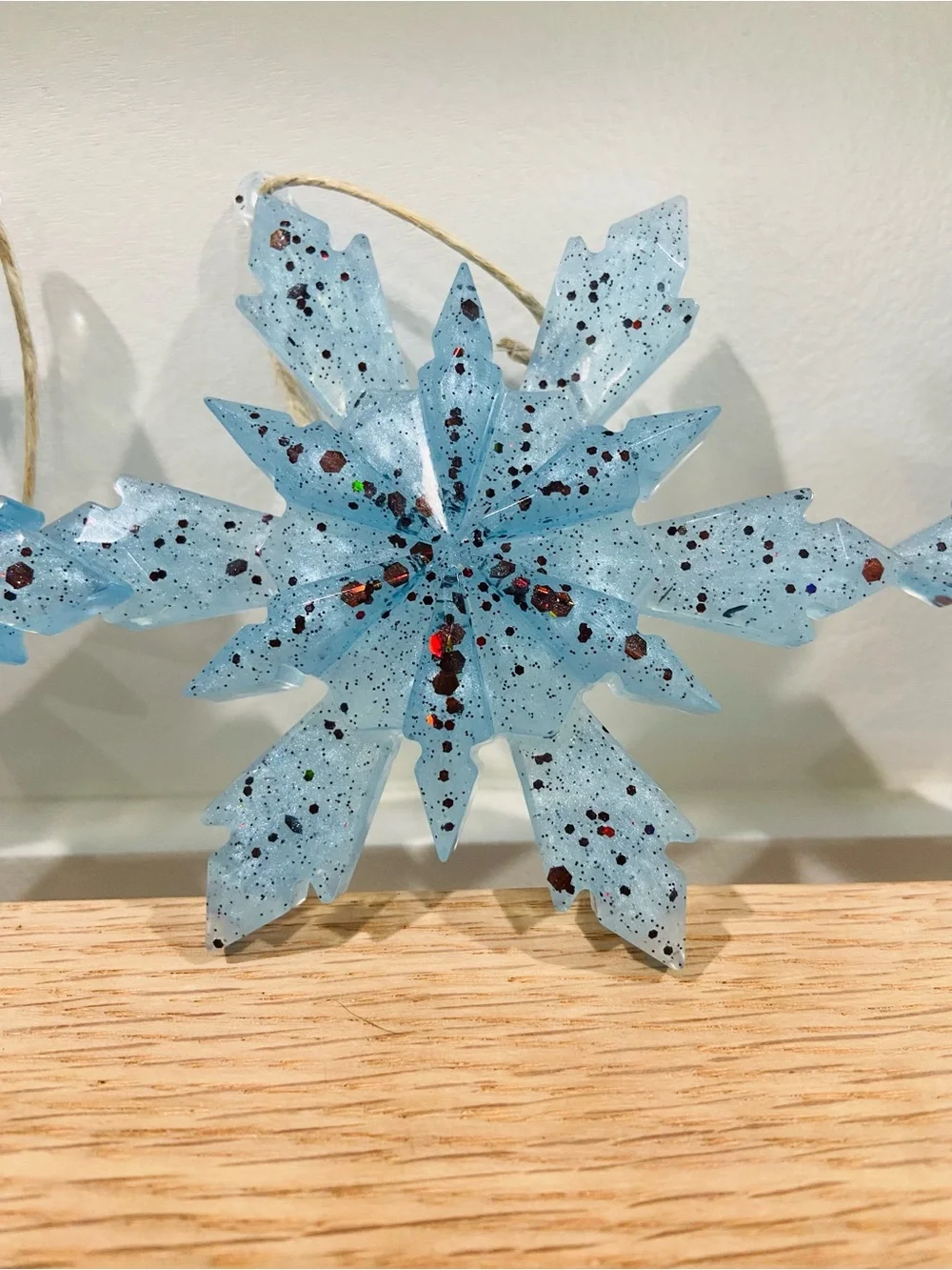 Handcrafted Epoxy Blue Glitter Snowflake Holiday Ornaments-Set of 3-New
